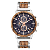 Alloy & Wood Combined Strap Watches Mens Multifunction Chronograph Quartz Calendar Watch Unique Steel Wooden Clock Male Reloj