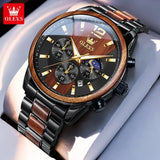 OLEVS 3645 Mens Watch Original Business Top Brand Quartz Watch Solid Wood Multifunctional Chronograph Watch Moon Phase Reloj