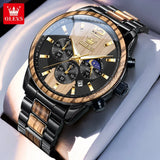 OLEVS 3645 Mens Watch Original Business Top Brand Quartz Watch Solid Wood Multifunctional Chronograph Watch Moon Phase Reloj