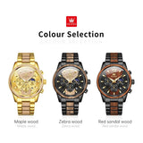 OLEVS 3645 Mens Watch Original Business Top Brand Quartz Watch Solid Wood Multifunctional Chronograph Watch Moon Phase Reloj
