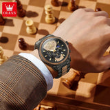OLEVS 3645 Mens Watch Original Business Top Brand Quartz Watch Solid Wood Multifunctional Chronograph Watch Moon Phase Reloj