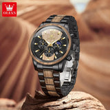 OLEVS 3645 Mens Watch Original Business Top Brand Quartz Watch Solid Wood Multifunctional Chronograph Watch Moon Phase Reloj