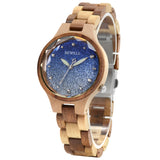 Natural Wood Ladies Wristwatch with Starry Sky Surface Stainless Steel Buckle Japanese Mechanism Festive Gift Watch