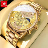 OLEVS 3645 Mens Watch Original Business Top Brand Quartz Watch Solid Wood Multifunctional Chronograph Watch Moon Phase Reloj